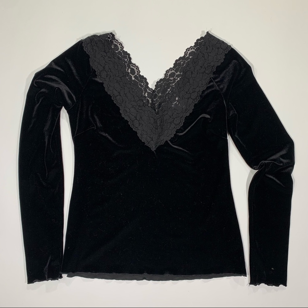 Boston Proper Black Velvet Lace Blouse Sz X Small Vintage grudge festival Y2K